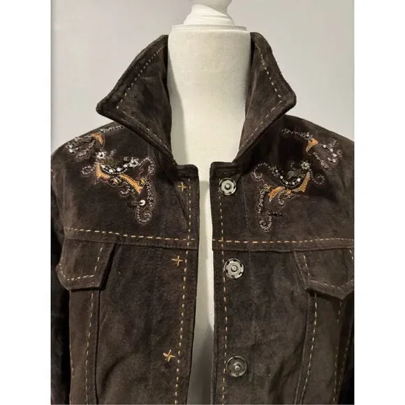 Coldwater Creek brown suede Leather stitching details sequin beaded embellishmen - Picture 9 of 10